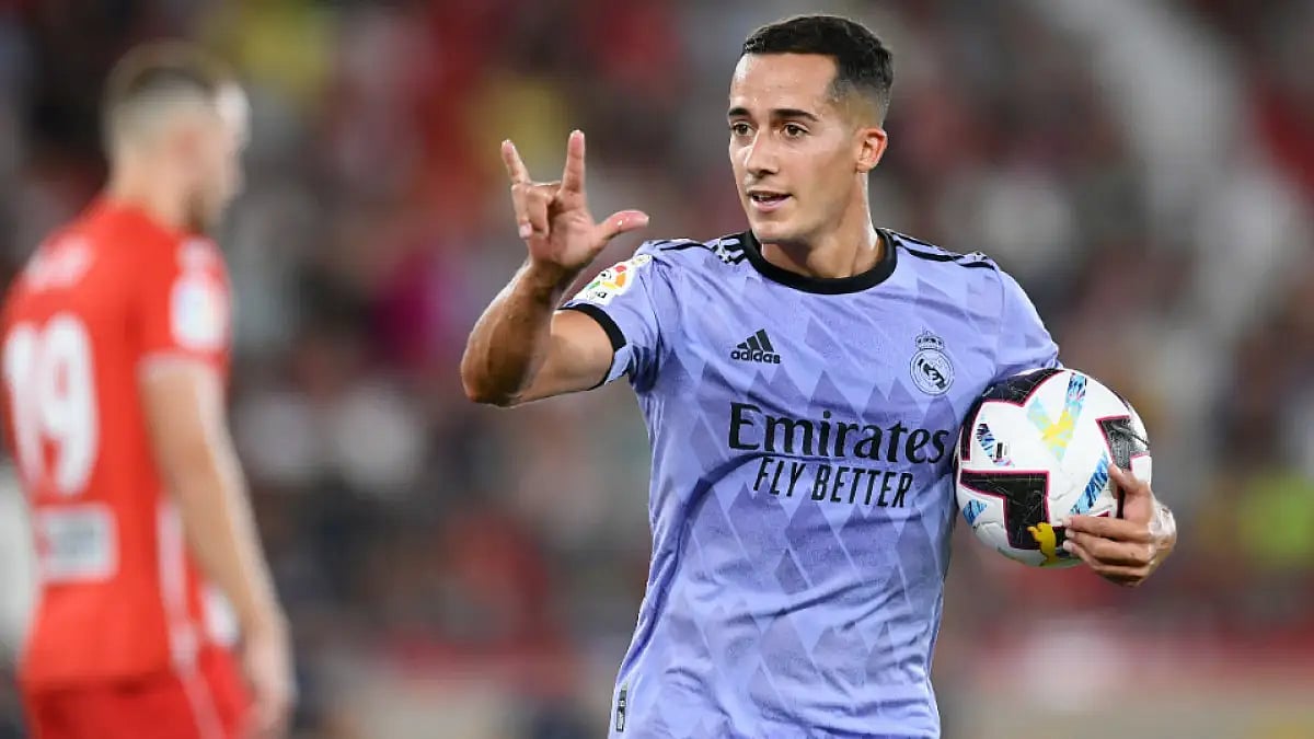 Real Madrid's Lucas Vazquez celebrates after scoring against Almeria in la Liga 2022-23.