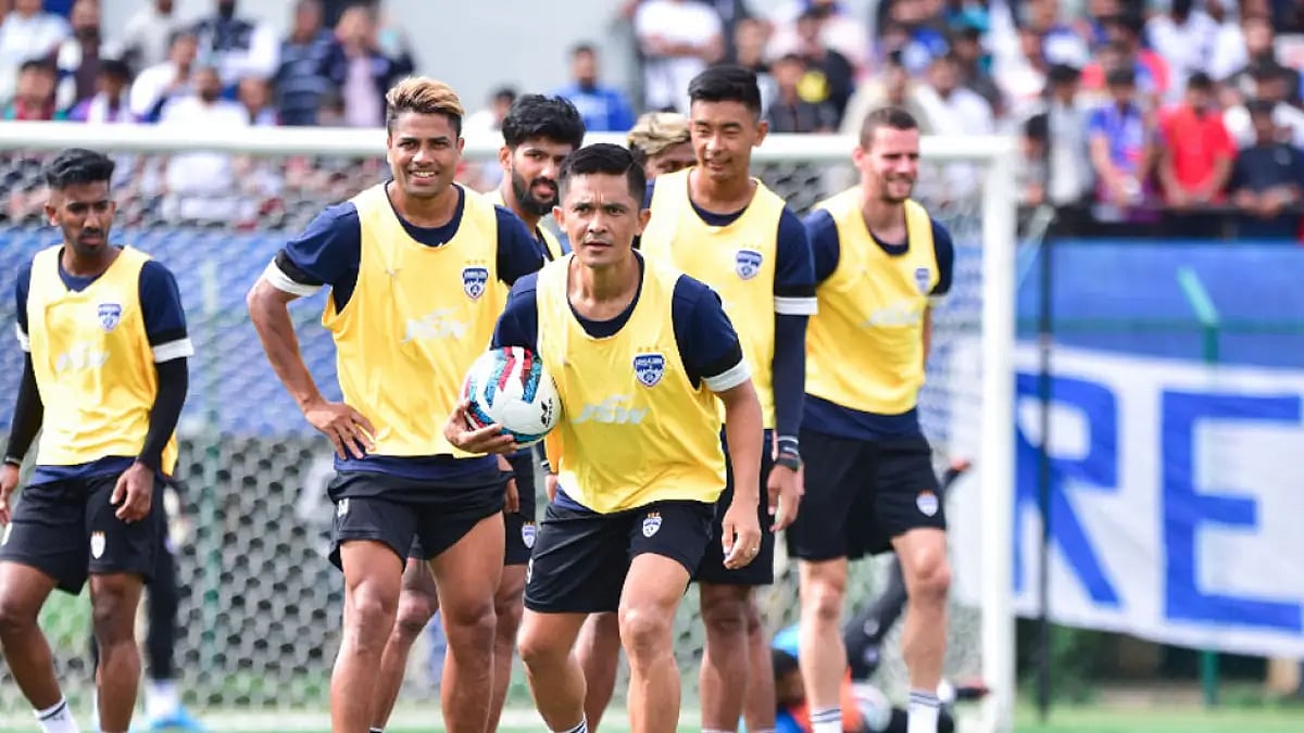 Sunil Chhetri and other Bengaluru FC players during a training session.