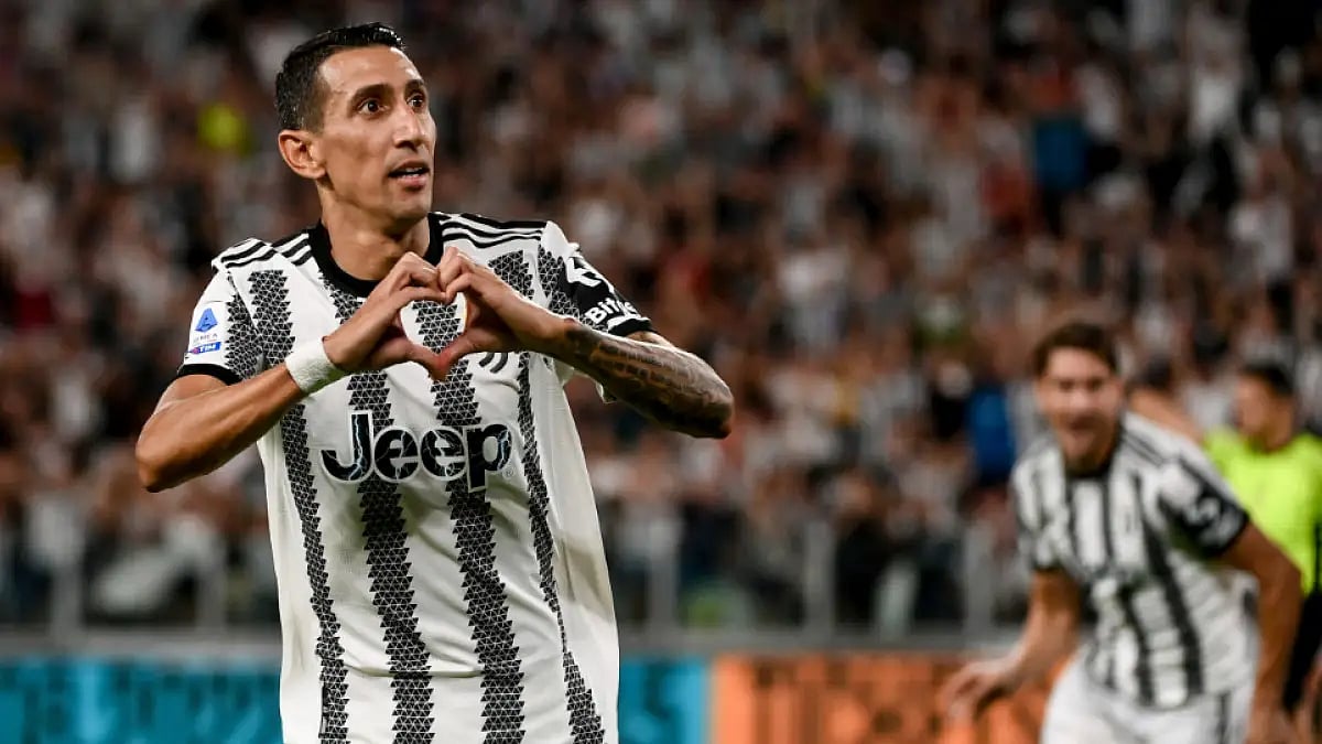 Angel Di Maria celebrates after scoring against Sassuolo in Serie A 2022-23.