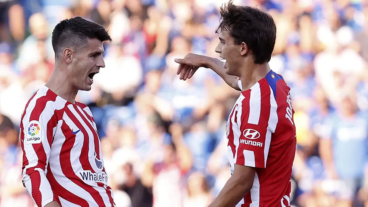 Atletico Madrid players celebrate after scoring a goal against Getafe in La Liga 2022-23.
