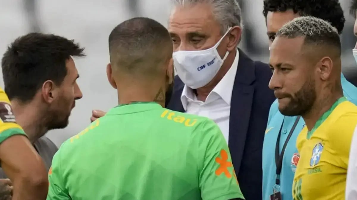 Neymar and Lionel Messi talk to officials during the Brazil vs Argentina tie last September.