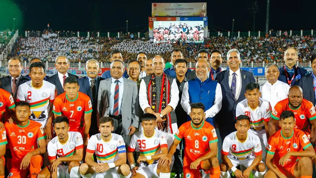 Defence Minister Rajnath Singh during the inaugural ceremony of the Durand Cup in Manipur.