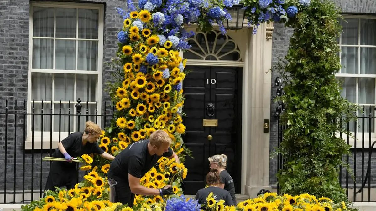 Florists preparing the Sunflower arch at the entrance of Downing Street office in London