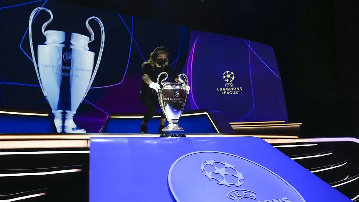 The trophy is placed on display before the UEFA Champions League draw in Istanbul, Aug. 25, 2022.