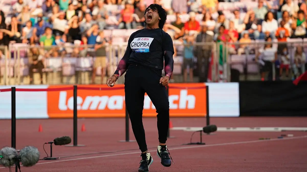 Neeraj Chopra reacts after his first throw at the Diamond League in Lausanne. 