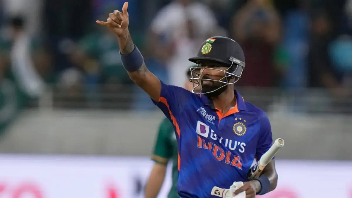 Hardik Pandya gestures towards the crowds after guiding India to a win over Pakistan in Asia Cup 202