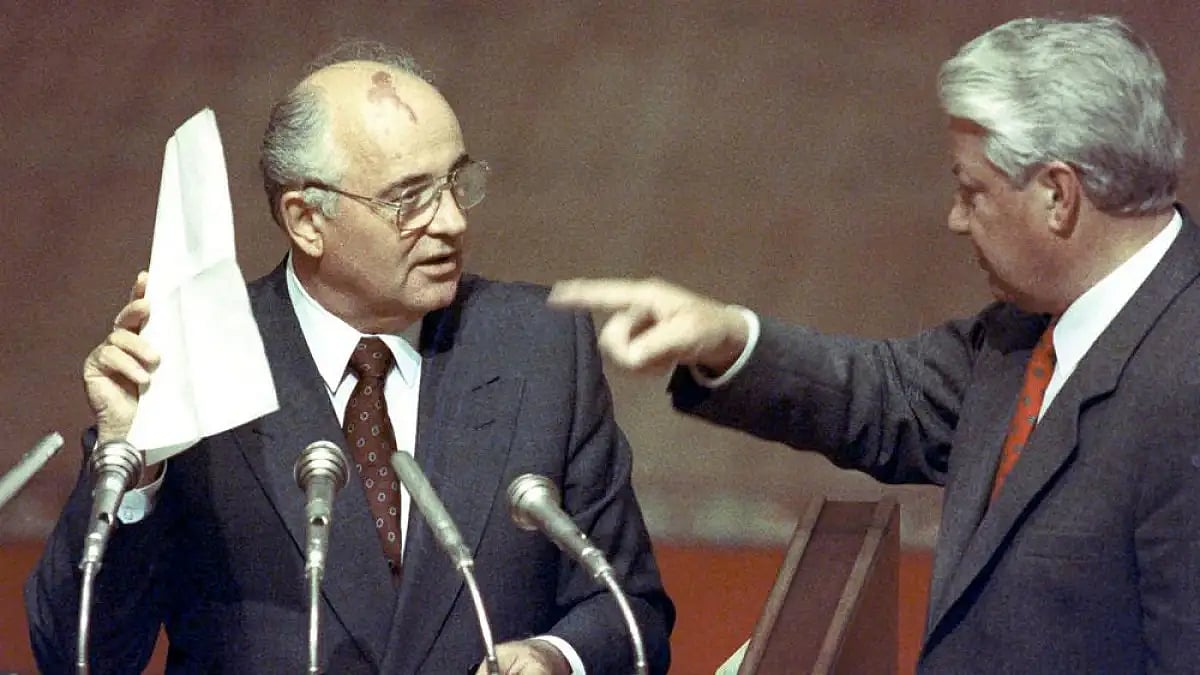 Soviet President Mikhail Gorbachev and Boris Yeltsin in 1991.