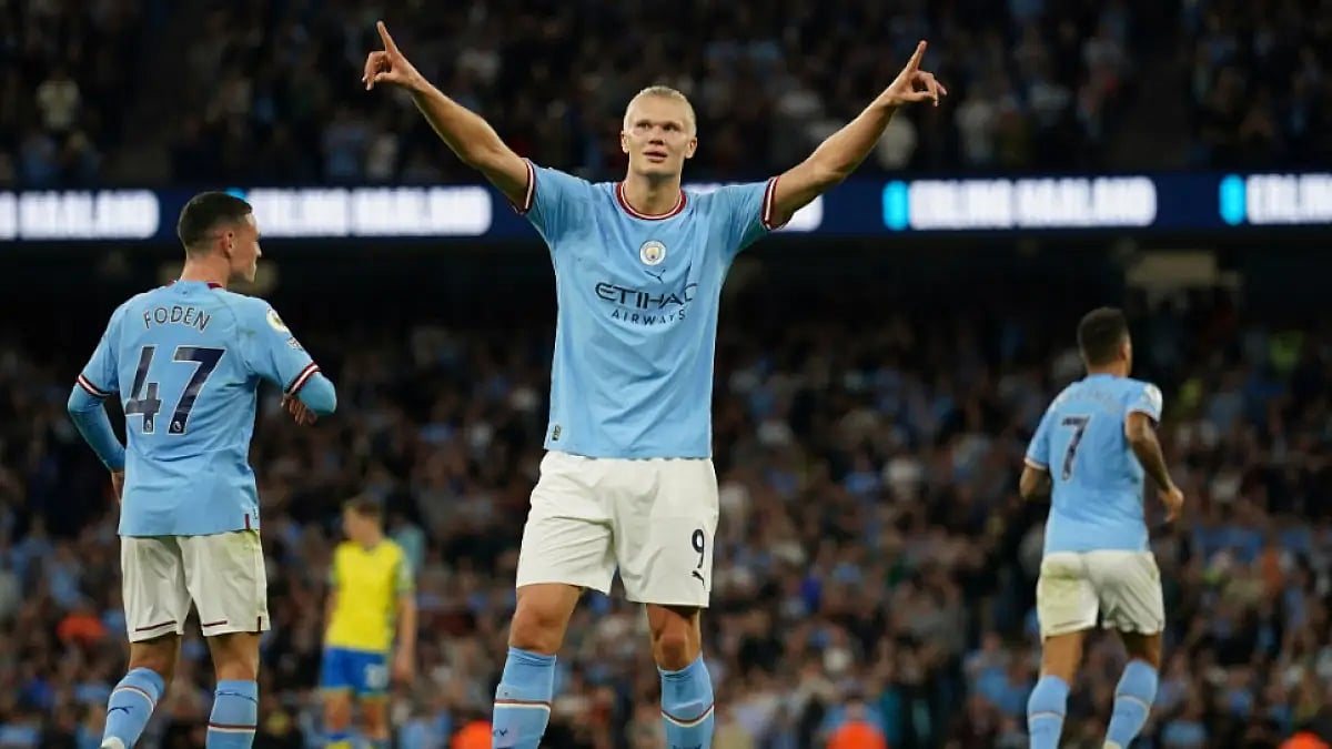 Manchester City's Erling Haaland celebrates after scoring against Nottingham Forest in EPL.