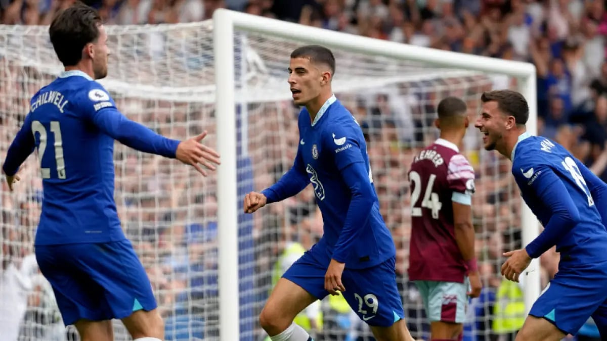 Chelsea's Kai Havertz celebrates after scoring against West Ham United in English Premier League.