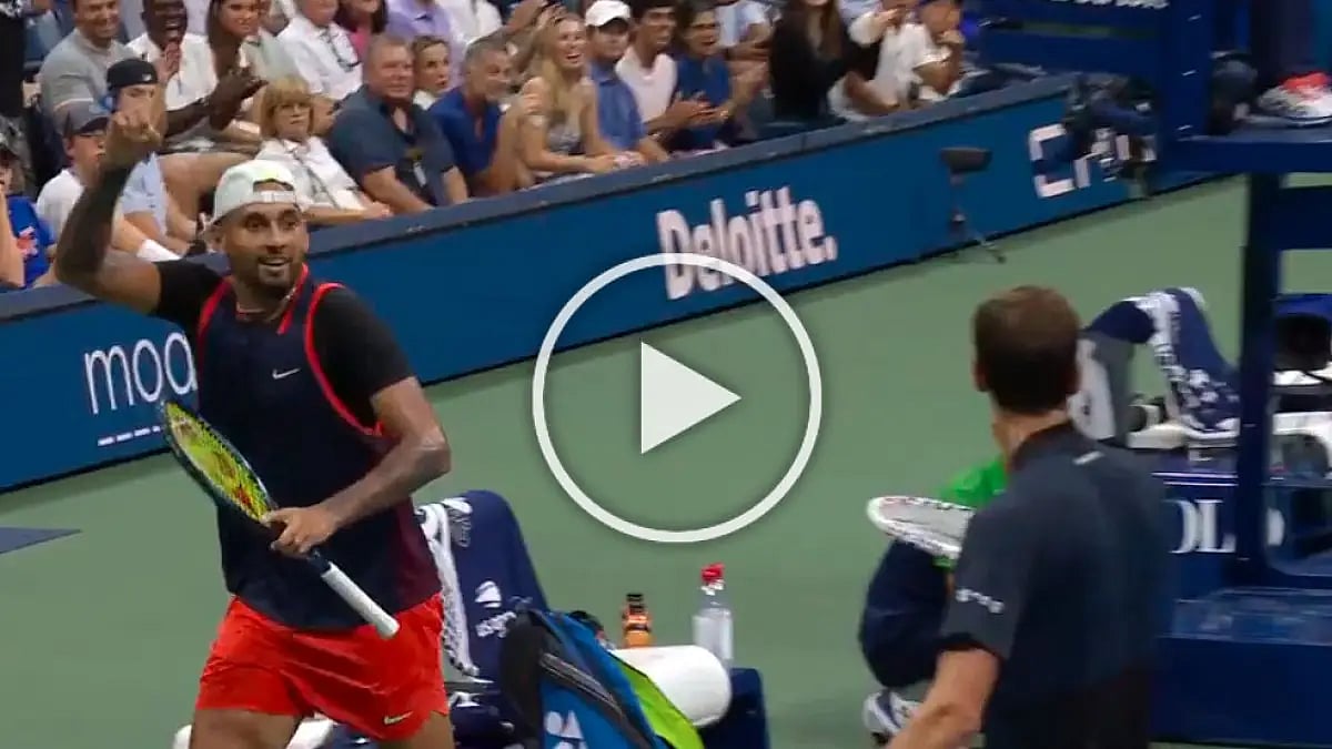 Nick Kyrgios reacts after playing a foul shot against Daniil Medvedev.