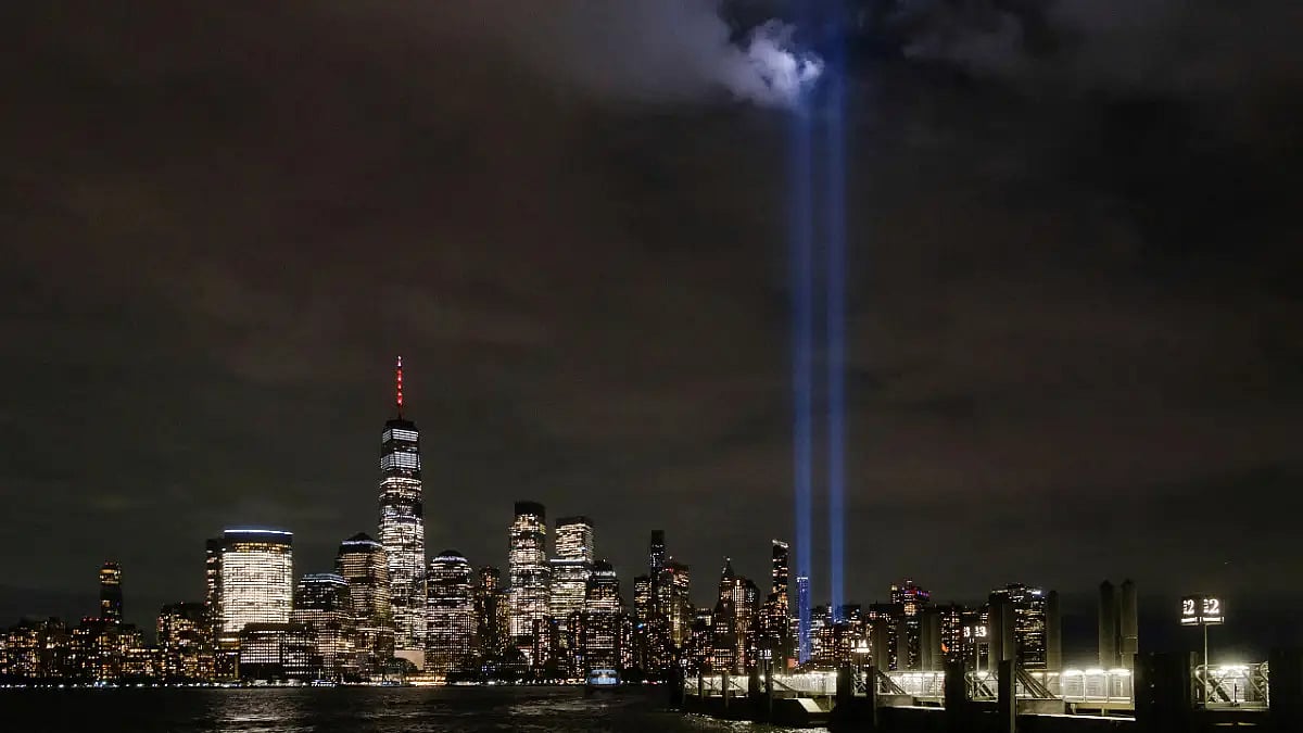 Twin beams of light commemorating the fallen twin towers of the World Trade Center in New York City