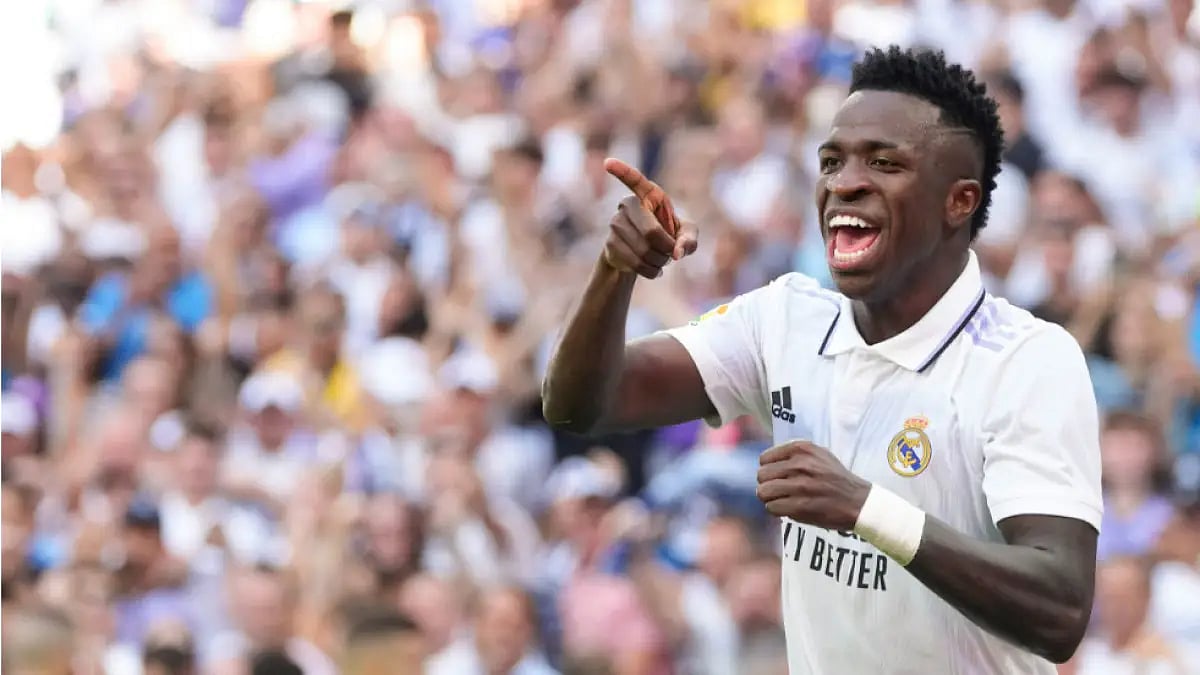 Vinicius Junior celebrates after scoring for Real Madrid against Mallorca in La Liga 2022-23. 