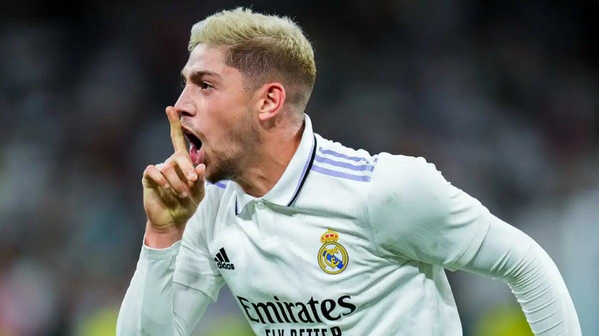 Real Madrid's Federico Valverde celebrates after scoring against Leipzig in UCL.