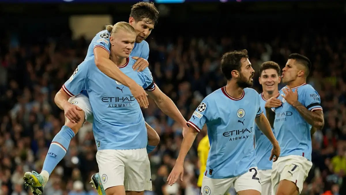 Erling Haaland celebrates after scoring against Borussia Dortmund in UEFA Champions League.  