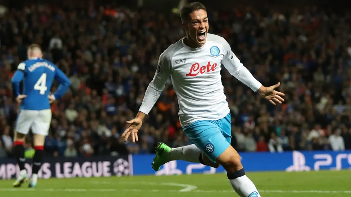 Napoli's Giacomo Raspadori celebrates after scoring against Rangers in UEFA Champions League.