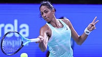| Photo File : India's Karman Thandi plays Eugenie Bouchard at the Chennai Open WTA 2022.