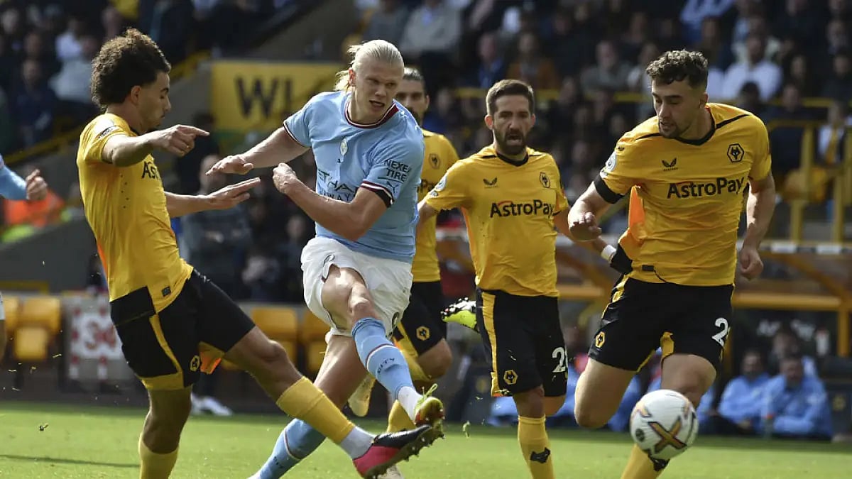 Manchester City's Erling Haaland in action against Wolves.
