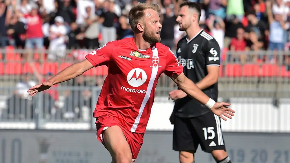 Monza's Christian Gytkjaer celebrates after scoring against Juventus in Serie A 2022-23. 