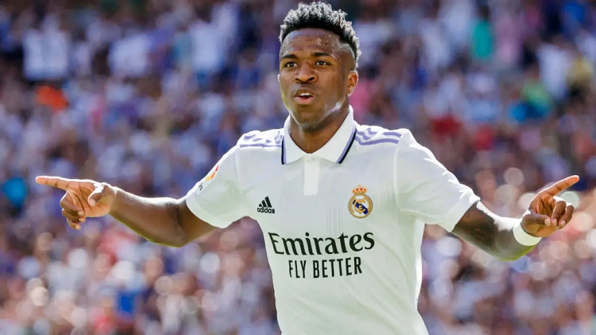Vinicius Junior celebrates a goal during a La Liga game. 