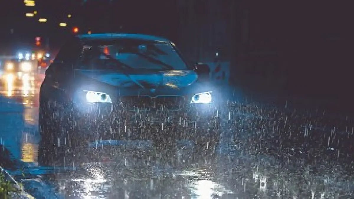 A car on a rainy day.