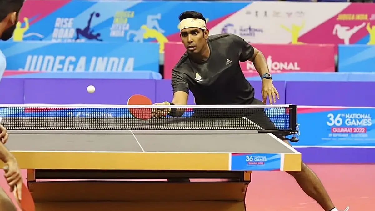Achanta Sharath Kamal in action during the National Games 2022 on Thursday. 