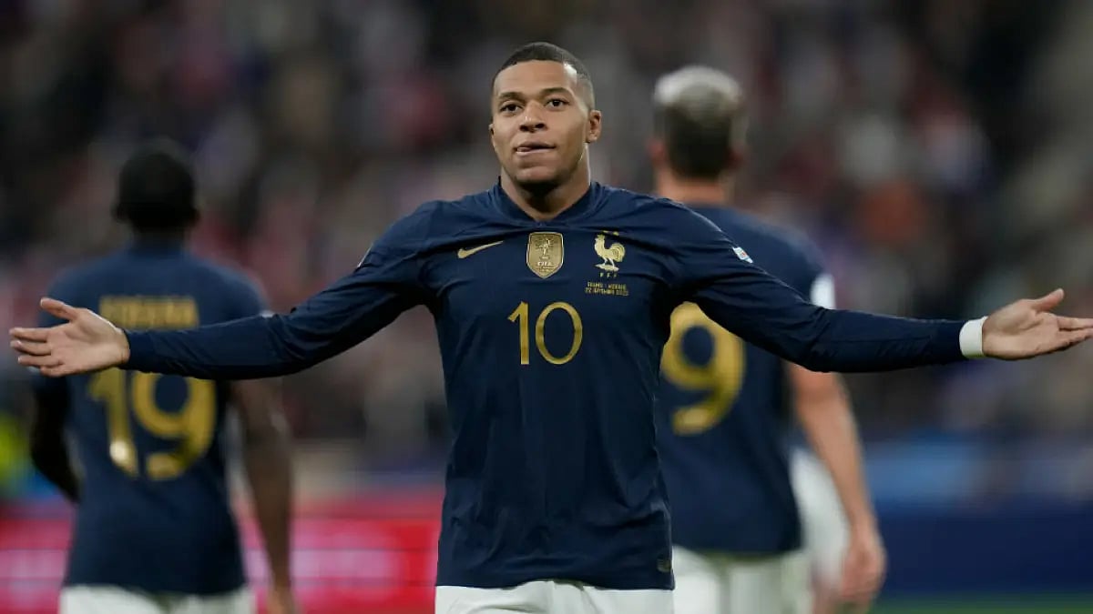 Kylian Mbappe celebrates after scoring France's opening goal against Austria in UEFA Nations League.