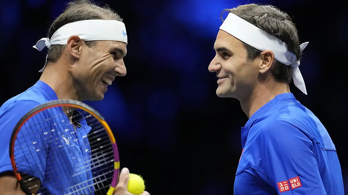 Roger Federer, right, and Rafael Nadal react during their Laver Cup doubles match last year.
