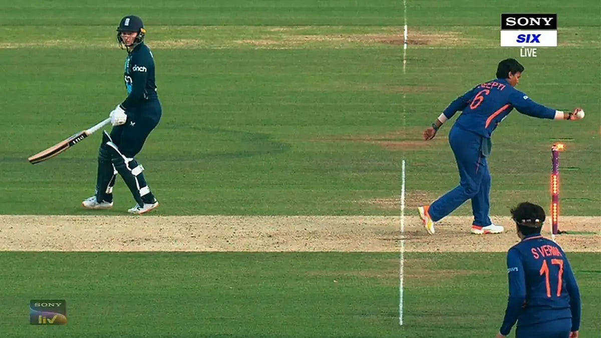 India's Deepti Sharma effecting a run-out against England's Charlie Dean in the third ODI. 
