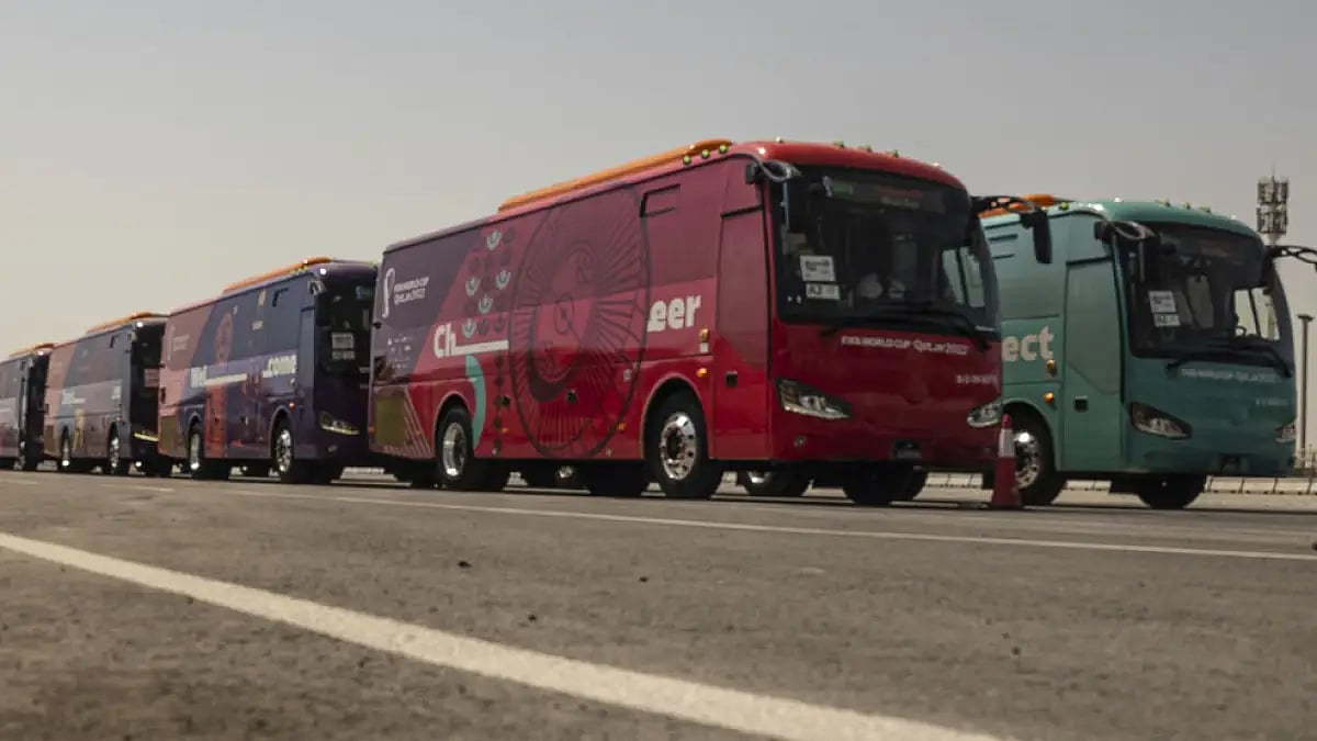 Buses are seen during a test run ahead of Qatar World Cup in Doha, Sept. 22, 2022.