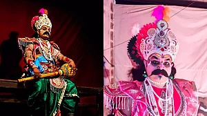 Actor Sachin Khutwalkar playing Ravana in a Dashavatar play in Maharashtra.