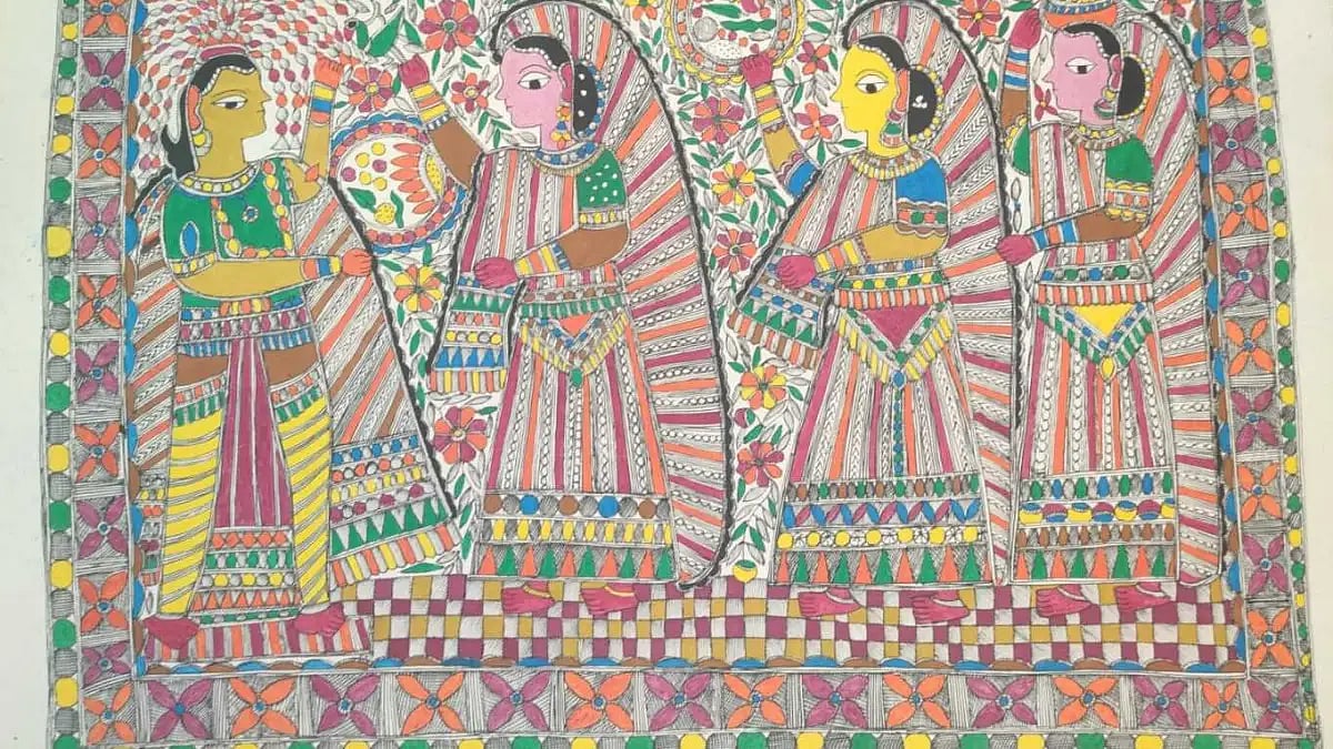 A Mithila painting depicting the 'Madhur Milan' scene when Sita and Ram met for the first time