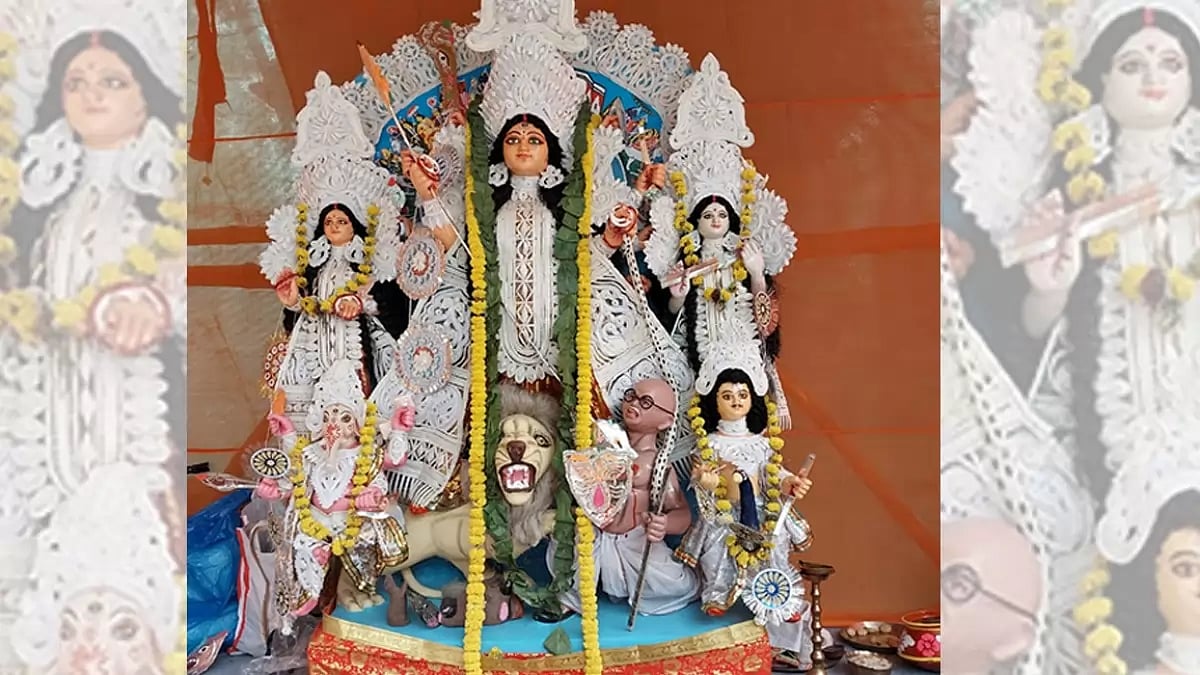 Durga Idol With Asur Resembling Gandhi at Kolkata 