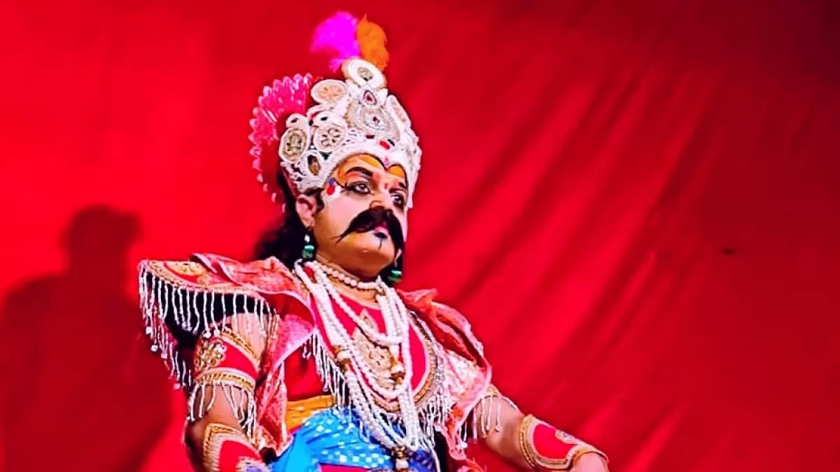 Actor Sachin Khutwalkar playing Ravana in a Dashavatar play in Maharashtra