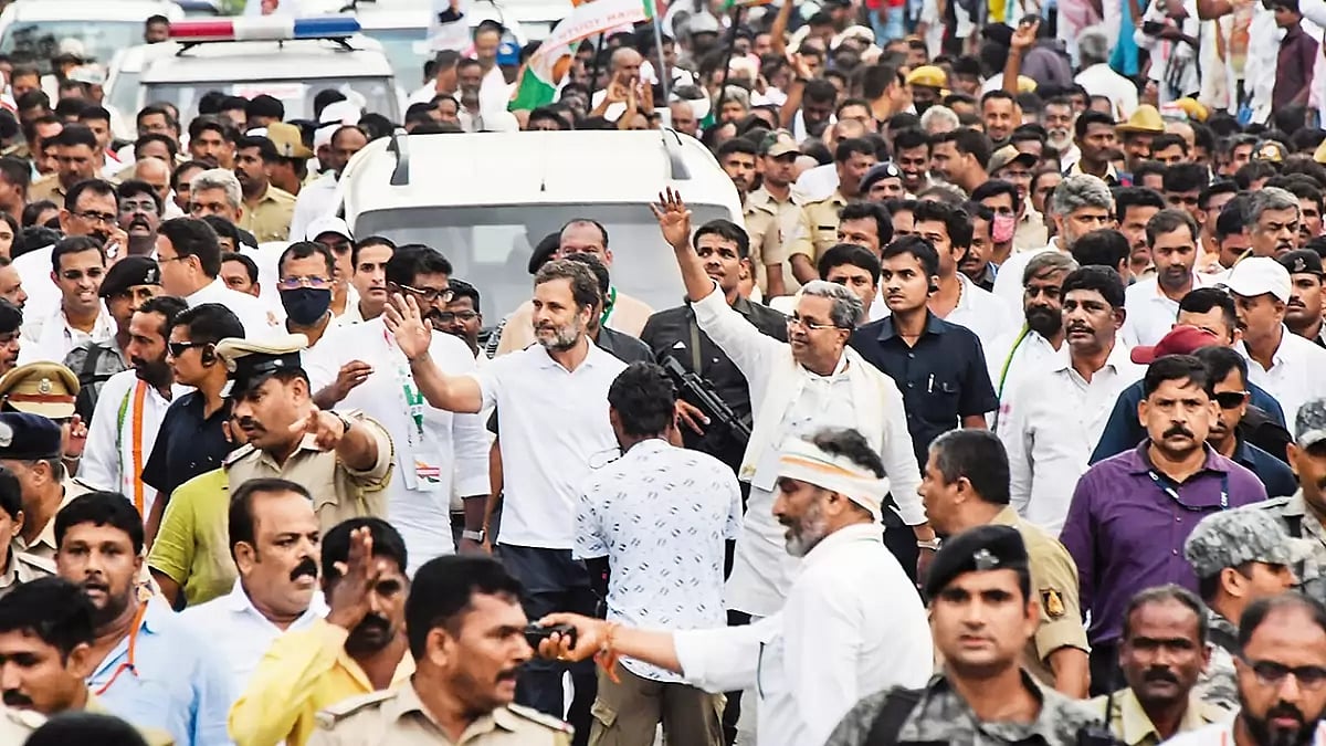 Leading from the front Rahul Gandhi in Mysore during the Bharat Jodo Yatra (top); with Brijlal Khabr
