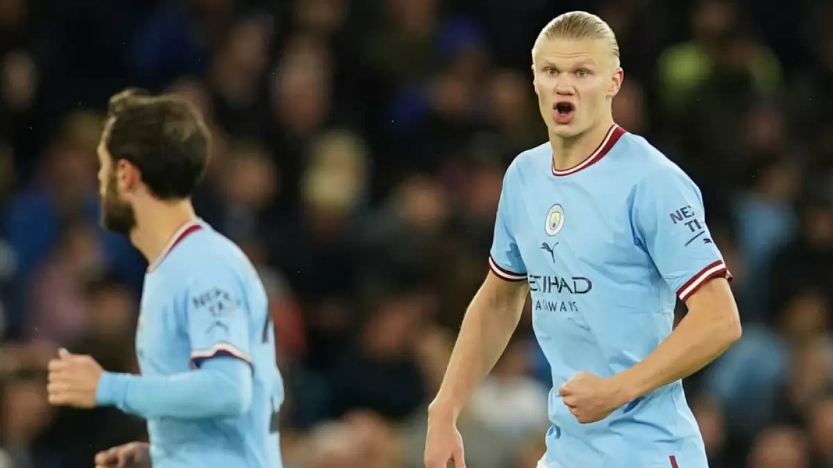 Manchester City's Erling Haaland reacts after scoring against Copenhagen in UEFA Champions League.