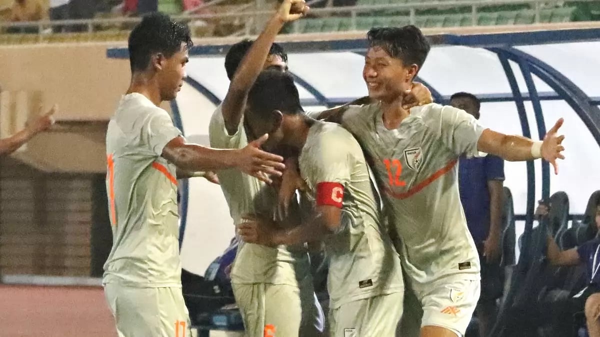 India players celebrate a goal against Myanmar in a match of AFC U-17 Asian Cup 2023 qualifiers. 