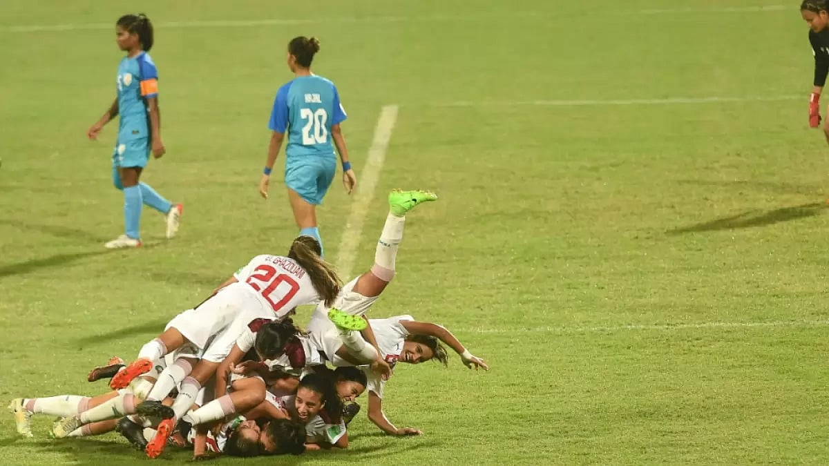 Morocco players celebrate after scoring against India in FIFA U-17 Women's World Cup 2022 on Friday.