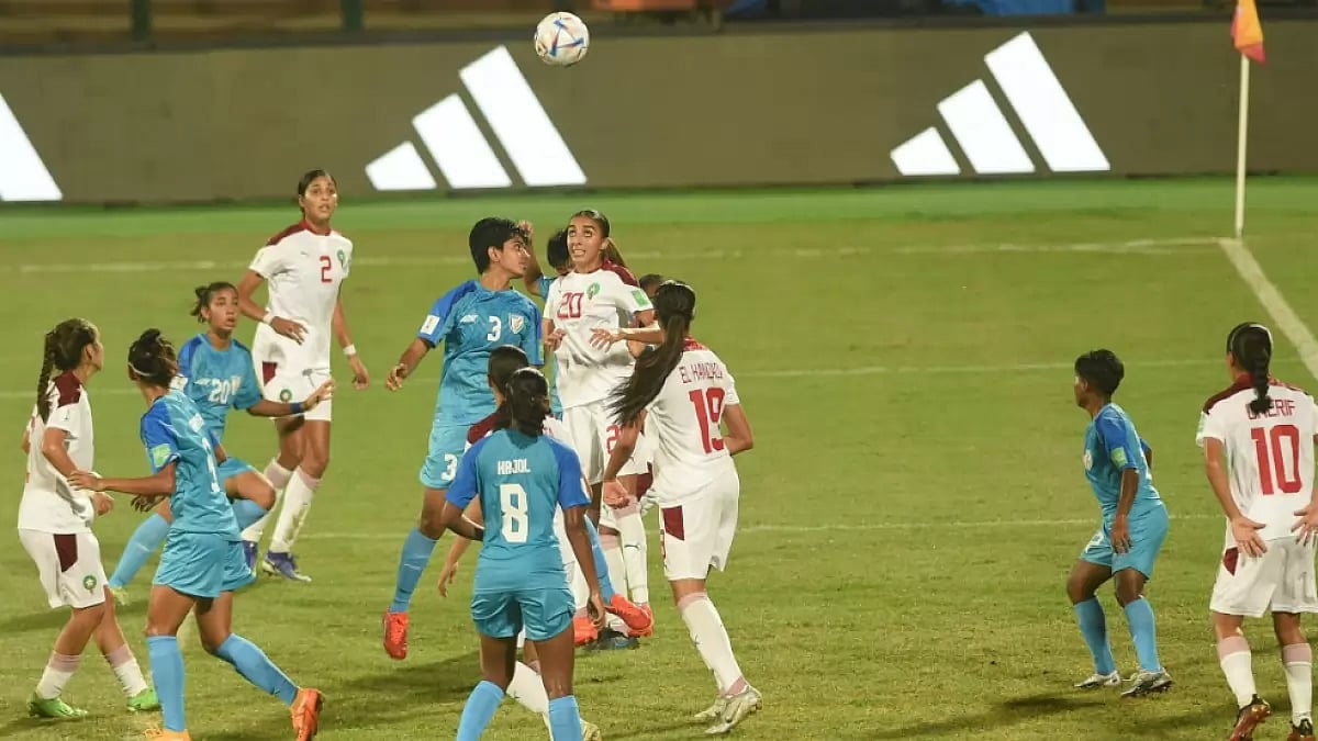 India and Morocco players vie for the ball during their FIFA U-17 Women's World Cup 2022 match.   