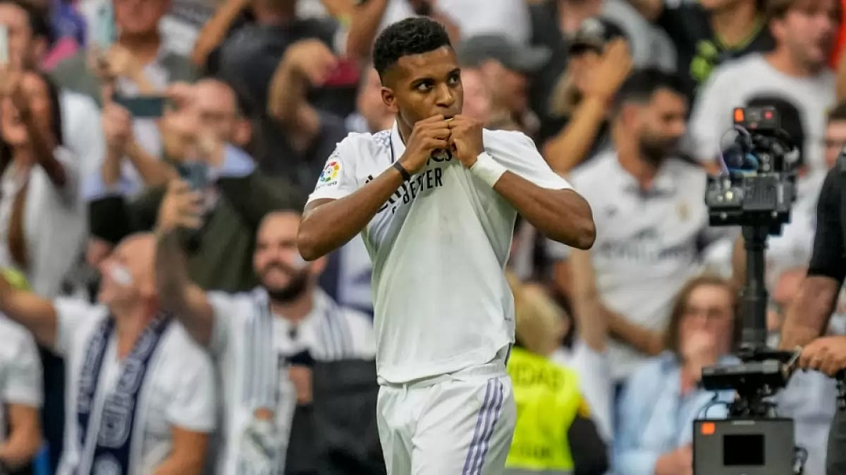 File image of Real Madrid's Rodrygo celebrating after scoring against Barcelona in the La Liga 2022-23 El Clasico.