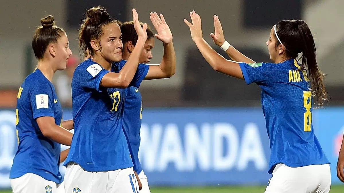 Brazil players celebrate their victory against India in FIFA U-17 Women's World Cup 2022 on Monday. 