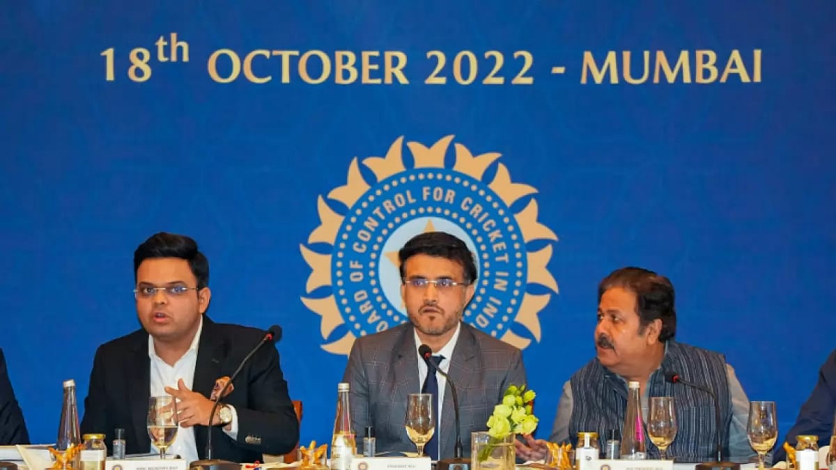 Outgoing BCCI chief Sourav Ganguly (C) Jay Shah and Rajeev at Annual General Meeting in Mumbai.