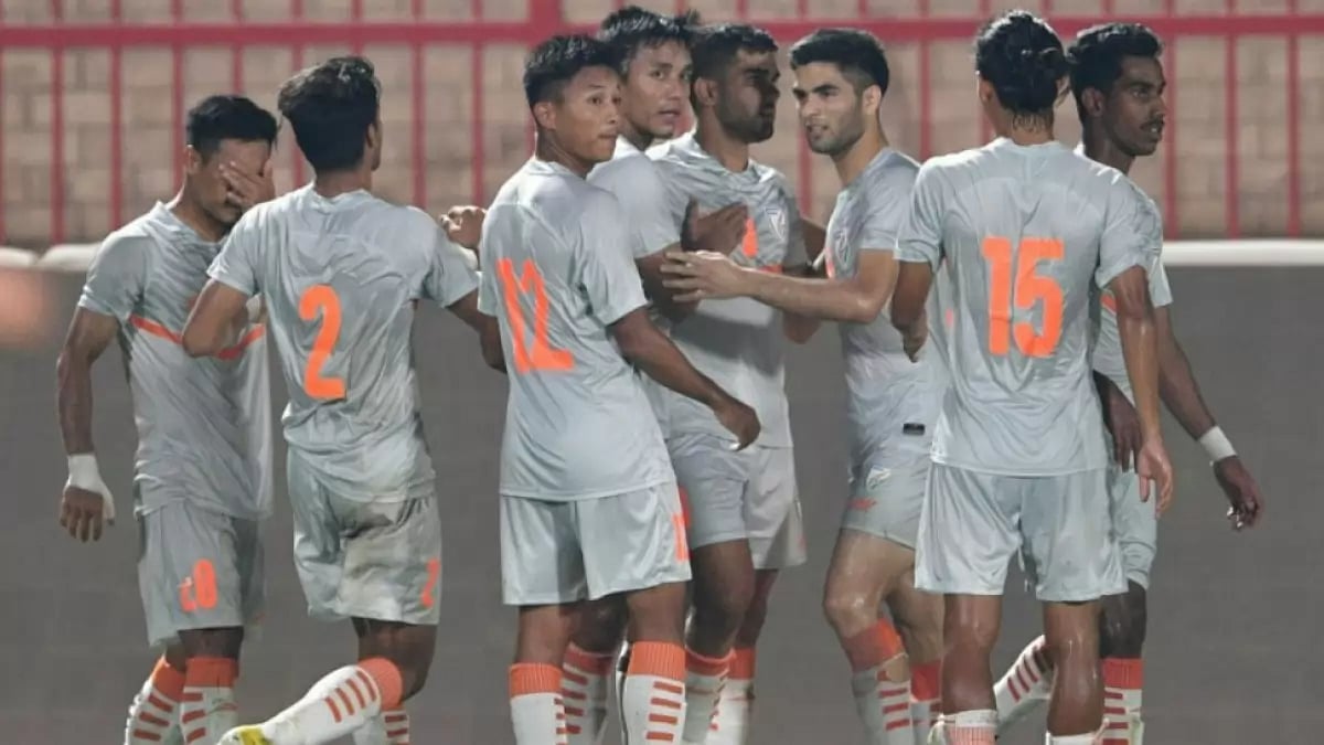 Indian players celebrate after scoring against Kuwait in AFC U-20 Asian Cup qualifiers. 
