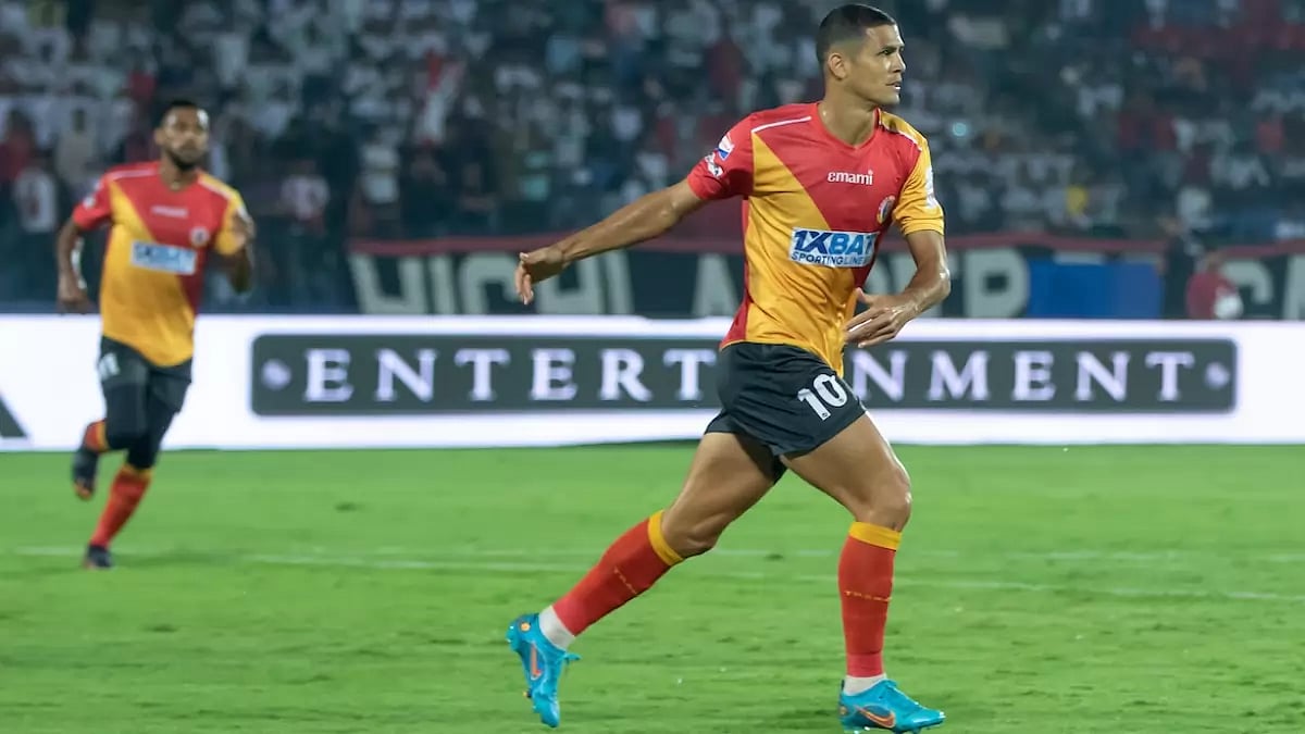 East Bengal's Cleiton Silva celebrates after scoring against NorthEast United FC in ISL 2022-23.