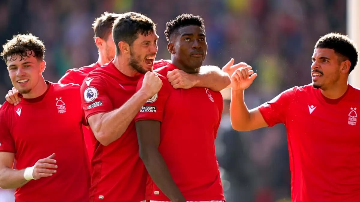 Nottingham Forest's Taiwo Awoniyi celebrates after scoring against Liverpool in Premier League.