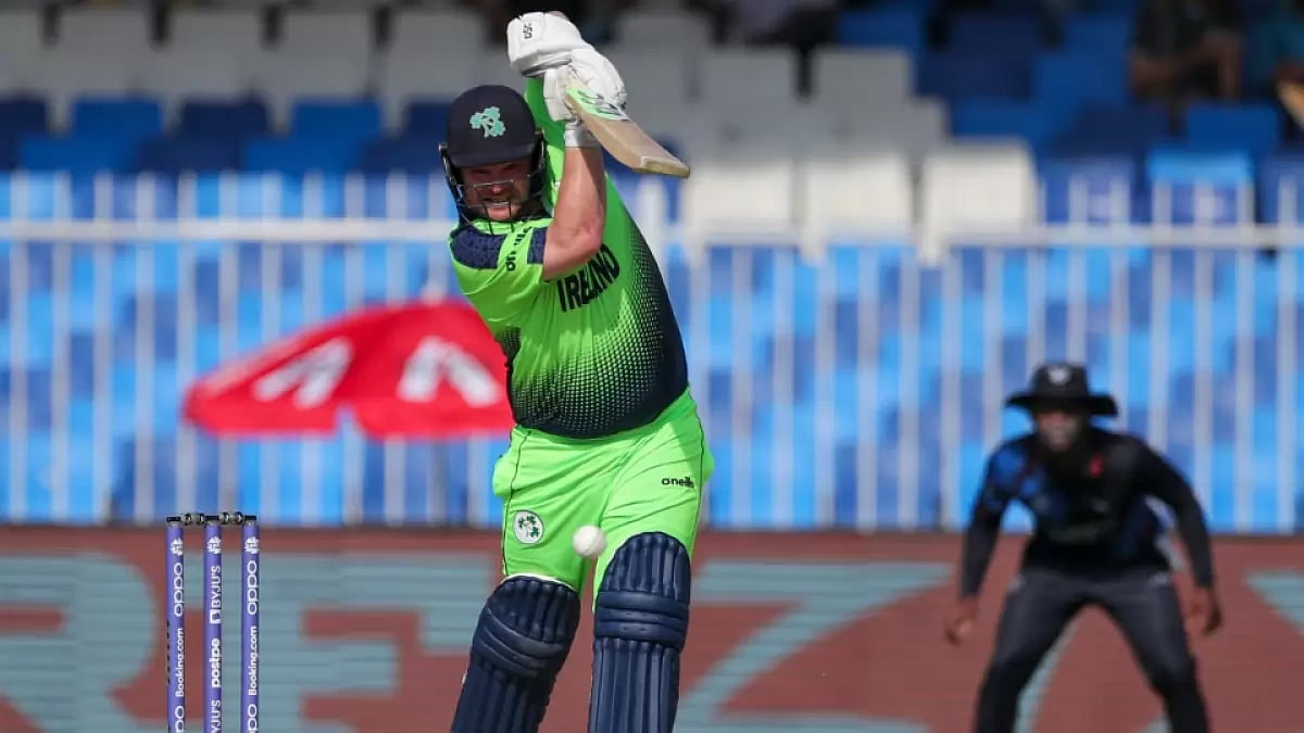 Ireland's Paul Stirling hits a straight drive during the ICC T20 World Cup 2022.