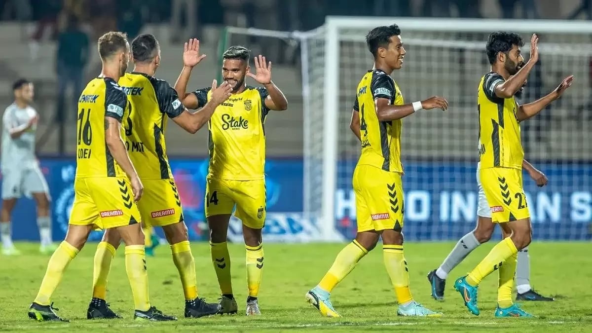 Hyderabad FC players celebrate their goal against Goa FC.