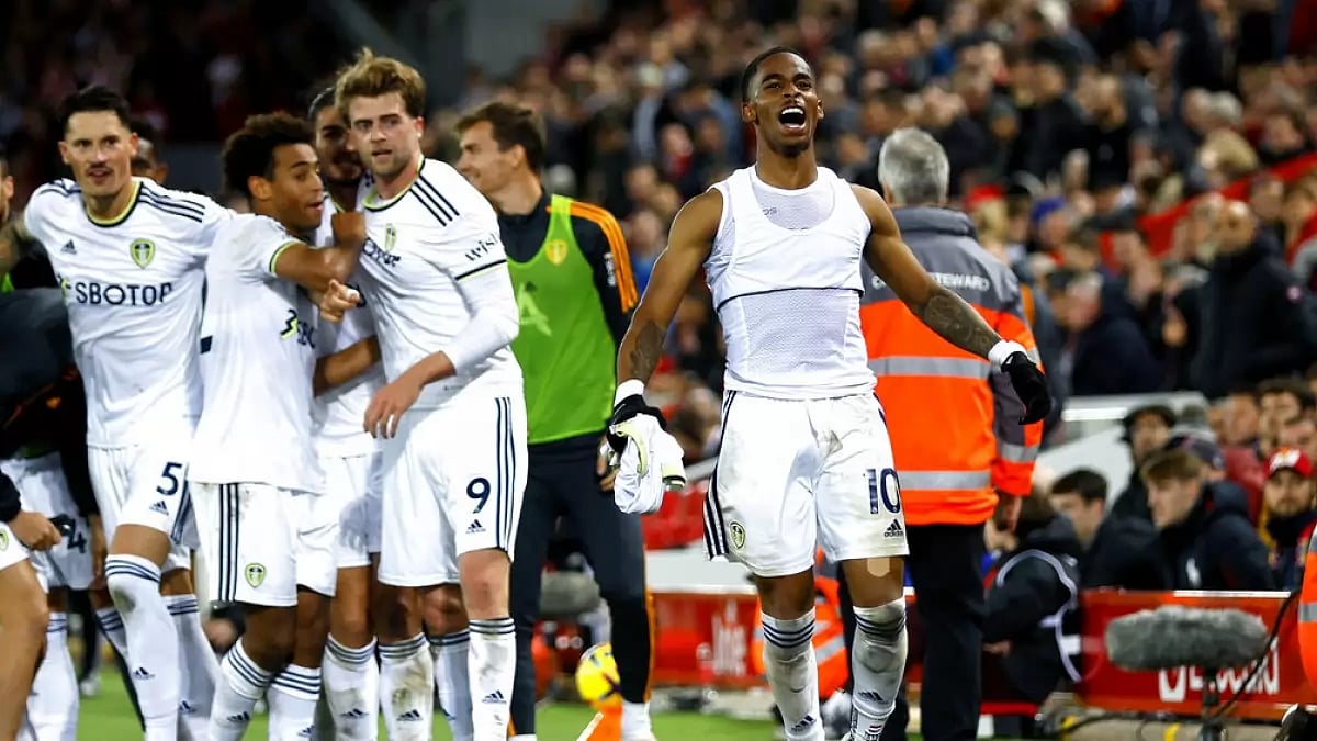 AP : Leeds United's Crysencio Summerville celebrates after scoring against Liverpool in EPL. 