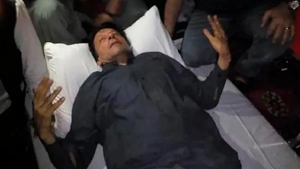 Former Pakistan PM Imran Khan, who was injured in a shooting incident, is seen after the incident.