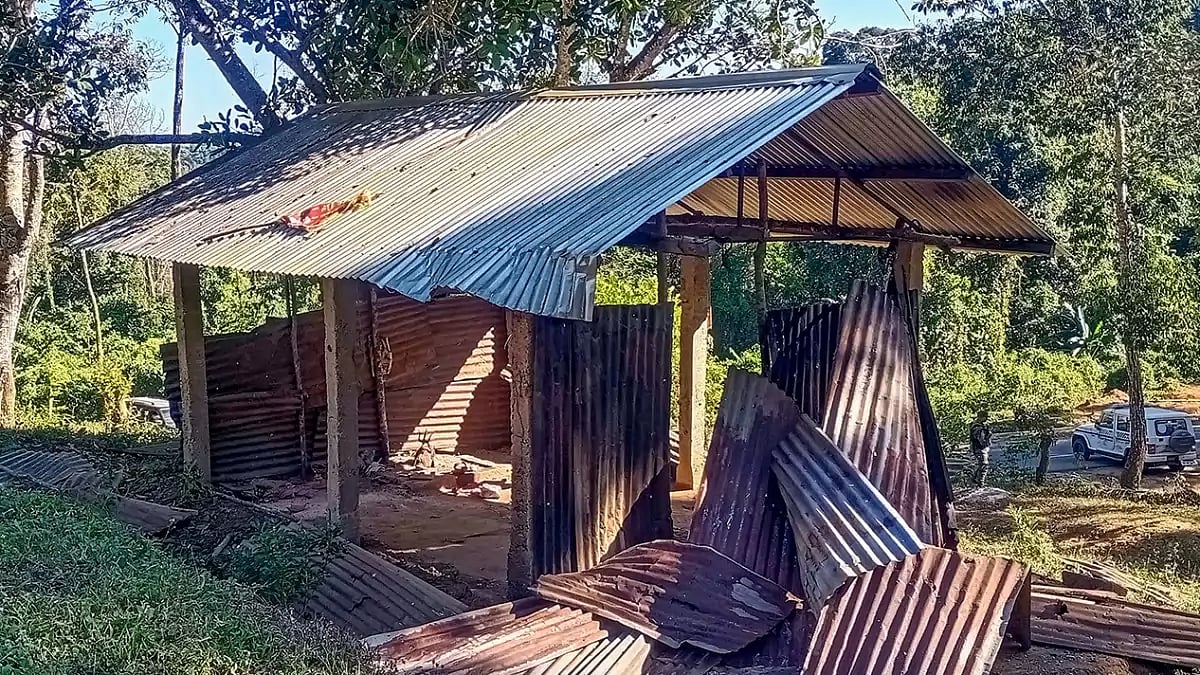 Remains of a temple after it was vandalised by miscreants following violence at a disputed Assam-Meghalaya border