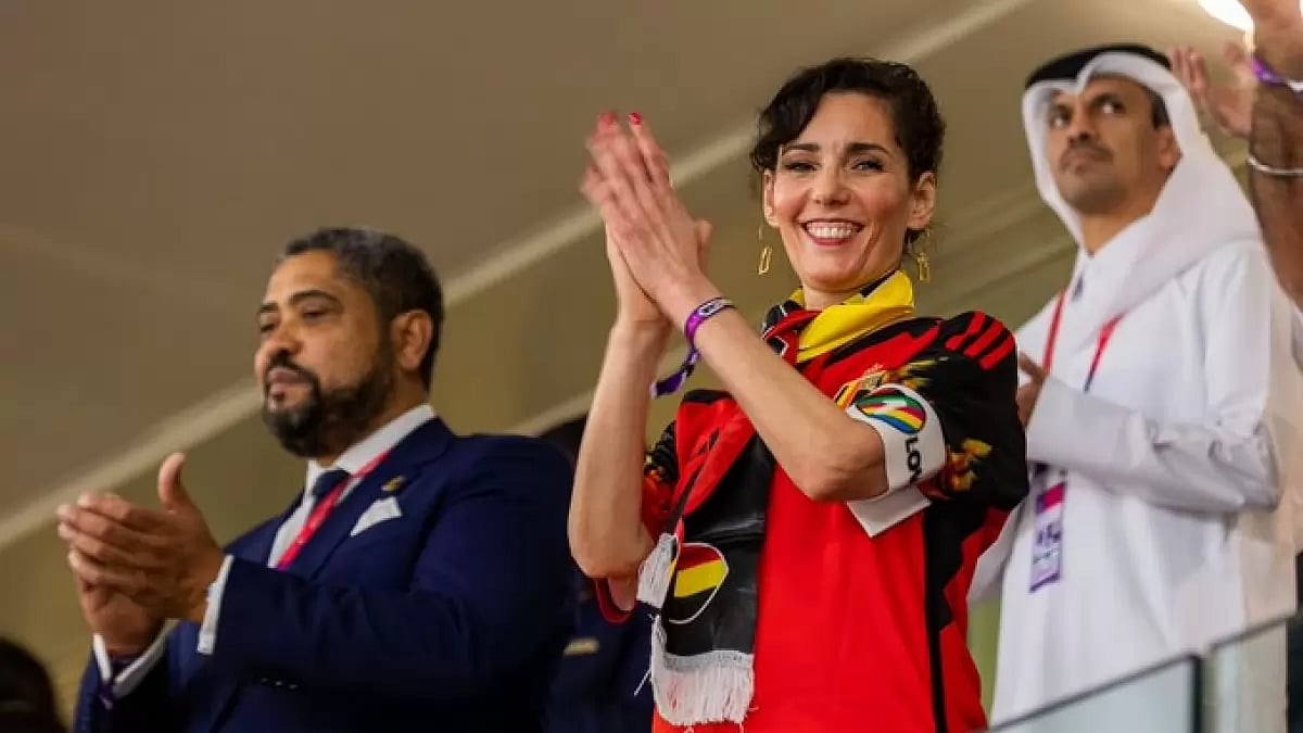 Hadja Lahbib wearing the 'One Love' armband at the FIFA World Cup 2022.